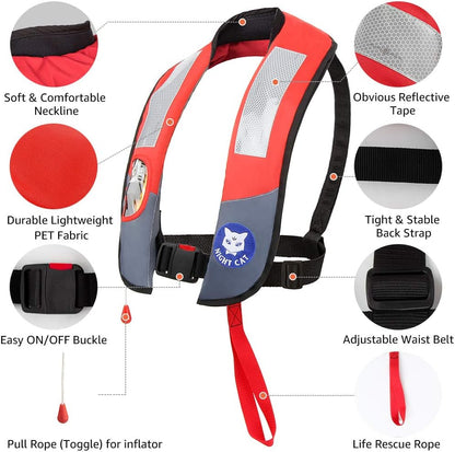 [CE Approved] Night Cat Inflatable Life Jackets Vests Survival Preservers Lifesaving PFD Lightweight Premium Automatic and Manual Fit 40 to 150KG