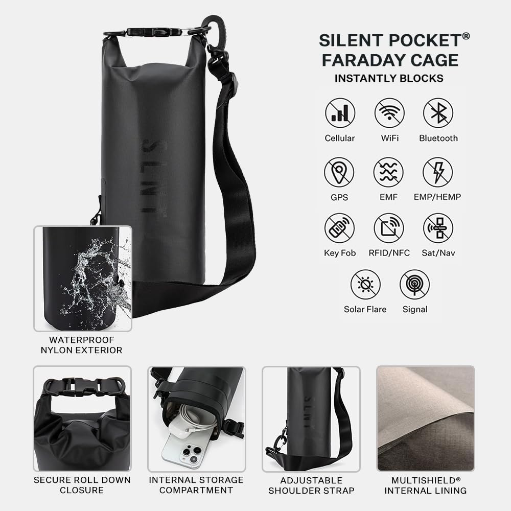 Silent Pocket SLNT Waterproof Faraday Dry Bag Military-Grade Nylon 5 Liter Faraday Bag - RFID Signal Blocking Dry Bag/Waterproof Backpack Protects Electronics from Water, Spying, Hacking
