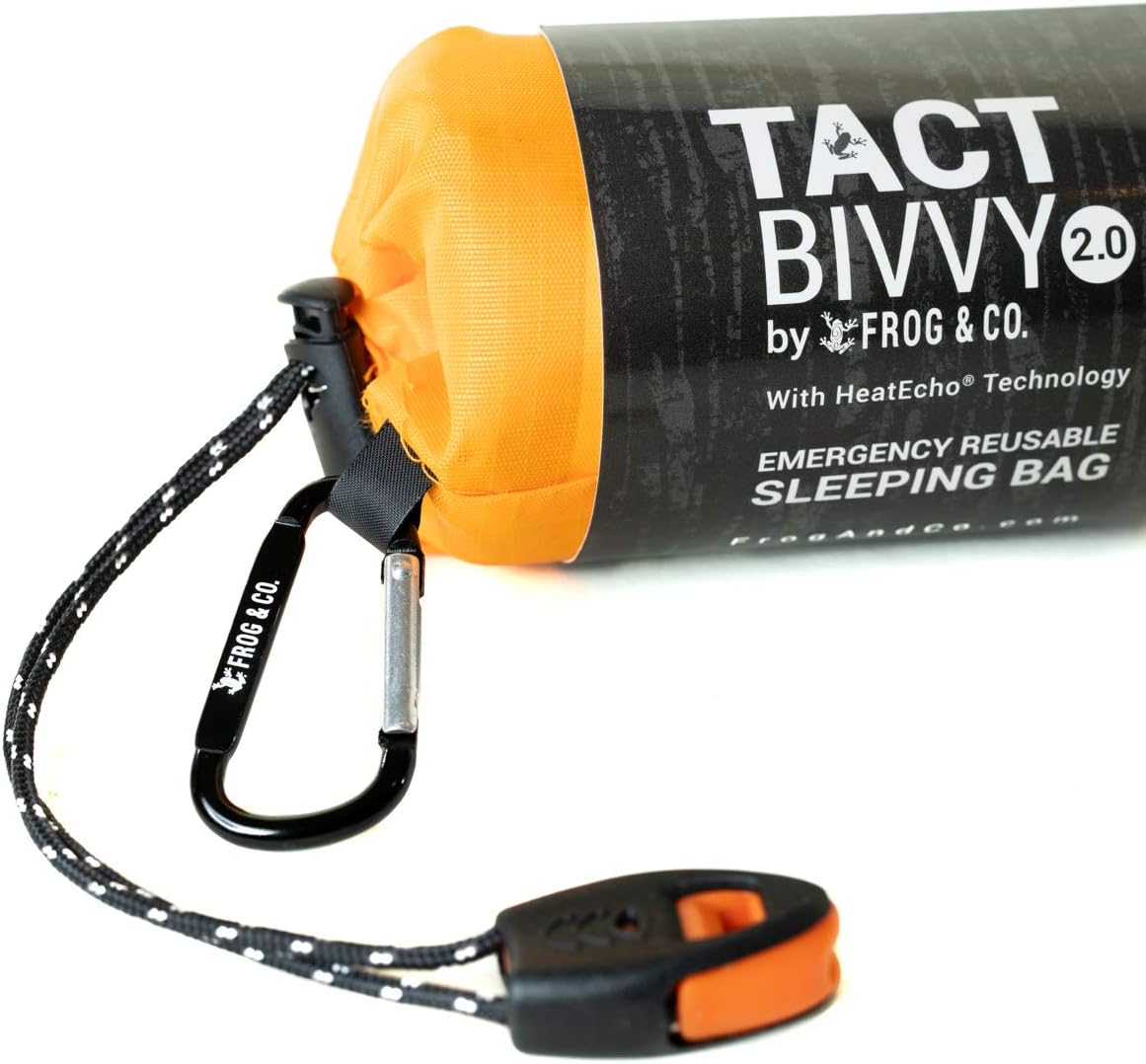 Survival Frog Tact Bivvy 2.0 Emergency Sleeping Bag w/Stuff Sack, Carabiner, Survival Whistle, ParaTinder - Compact, Lightweight, Waterproof, Reusable, Thermal Bivy Sack Cover, Shelter Kit 