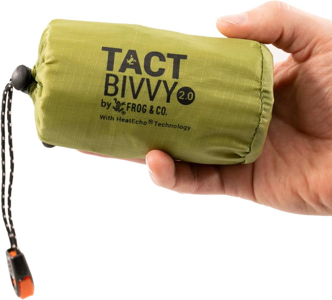 Survival Frog Tact Bivvy 2.0 Emergency Sleeping Bag w/Stuff Sack, Carabiner, Survival Whistle, ParaTinder - Compact, Lightweight, Waterproof, Reusable, Thermal Bivy Sack Cover, Shelter Kit 