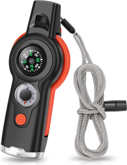 7 in 1 Emergency Survival Function Whistle, Outdoor Multifunctional Tool Safety Whistle with Lanyard, Ideal for Kayaking, Boating, Hiking, Camping, Climbing, Hunting, Fishing, Rescue Signaling