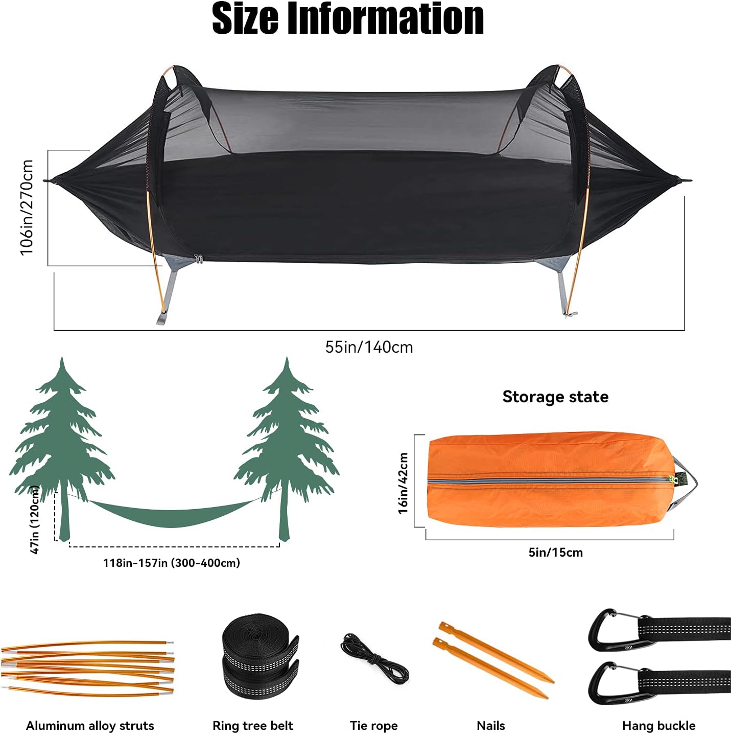 Camping hammock with mosquito net and rainfly cover, includes aluminum alloy struts, tie rope, and hang buckle for outdoor use.