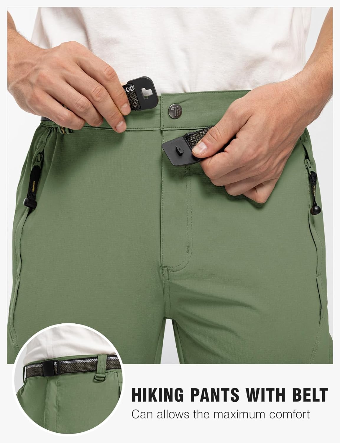 TBMPOY Men's Lightweight Hiking Pants with Belt 5 Zip Pockets Waterproof Quick-Dry Travel Fishing Work Outdoor Pants