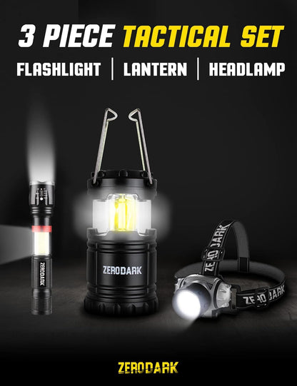 ZeroDark Flashlights Headlamp Lantern 3-Piece Set, Flashlight + Head Lamp + Camping Lantern Battery Powered LED High Lumens Camping Lights flashlights for Emergencies