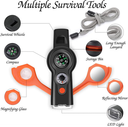 7 in 1 Emergency Survival Function Whistle, Outdoor Multifunctional Tool Safety Whistle with Lanyard, Ideal for Kayaking, Boating, Hiking, Camping, Climbing, Hunting, Fishing, Rescue Signaling
