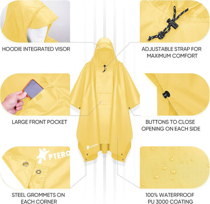 PTEROMY Hooded Rain Poncho for Adult with Pocket, Waterproof Lightweight Unisex Raincoat for Hiking Camping Emergency