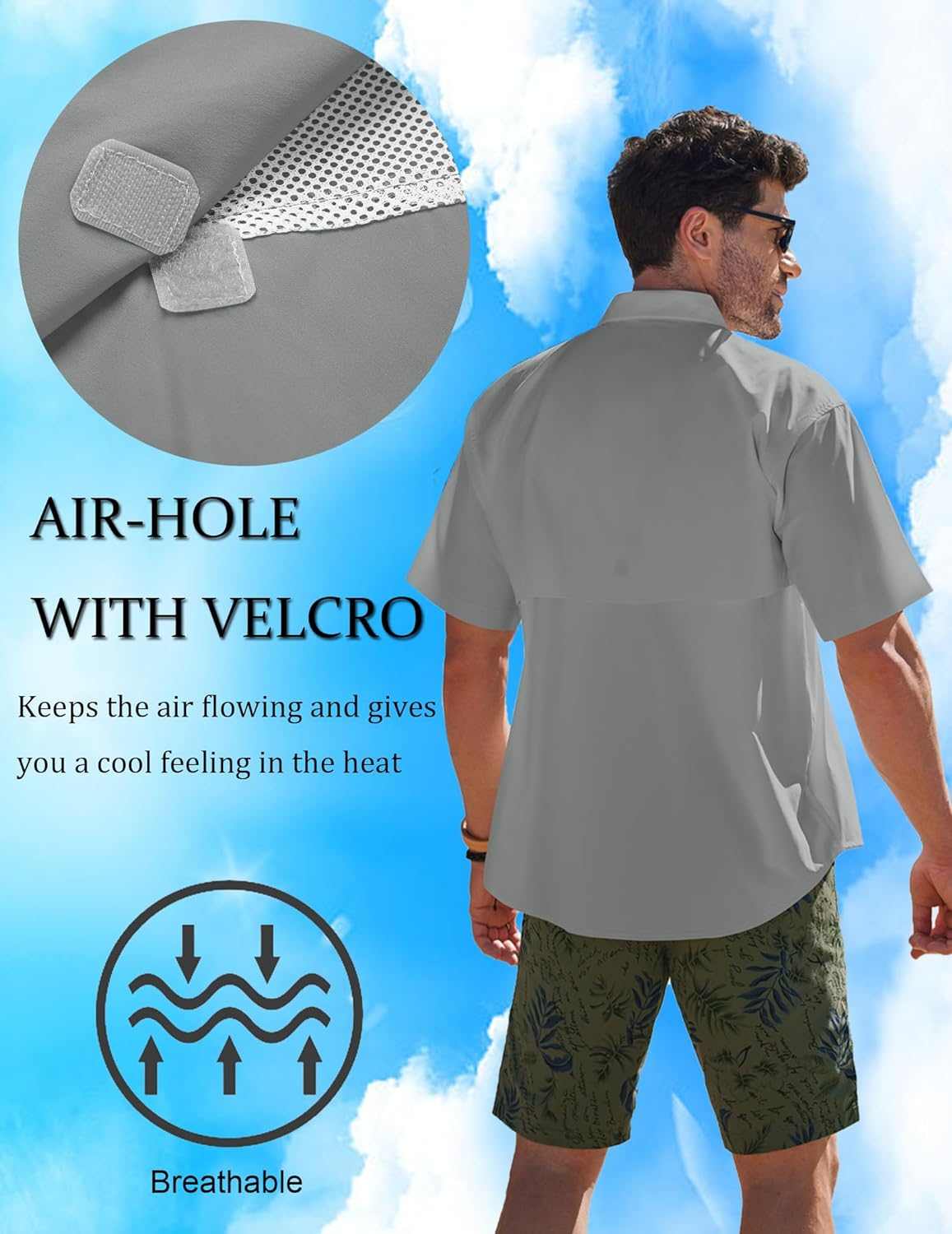 Men's hiking fishing shirt with air-hole velcro, breathable fabric, ideal for survival gear.