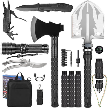Sunkoon Survival Shovel Survival Axe, Camping Folding Shovels Hatchet with 19.2-37.8inch Lengthened Handle Enlarged Shovelhead High Carbon Steel with Storage Pouch for Camping Cycling Hiking
