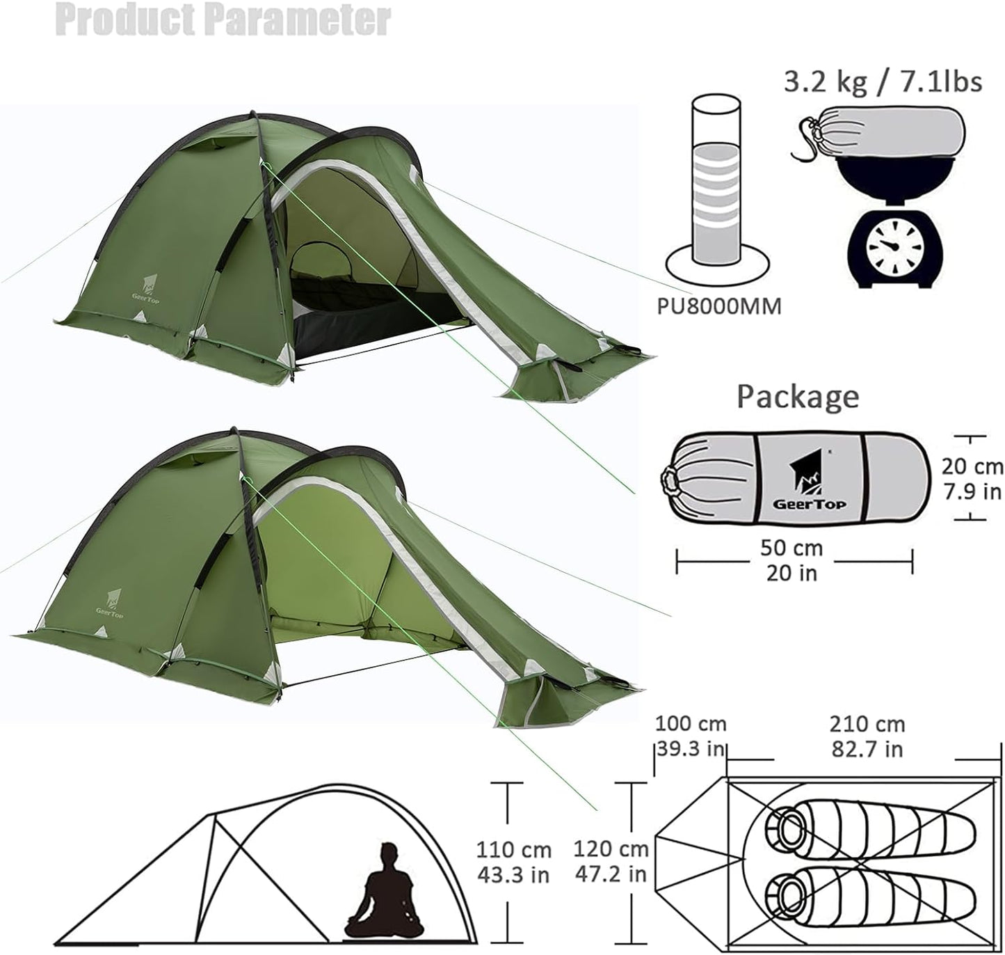 Geertop Portable 2 Person 4 Season Tent Waterproof Backpacking Tent Double Layer All Weather for Camping Hiking Travel Climbing Mountaineering - Easy Set Up