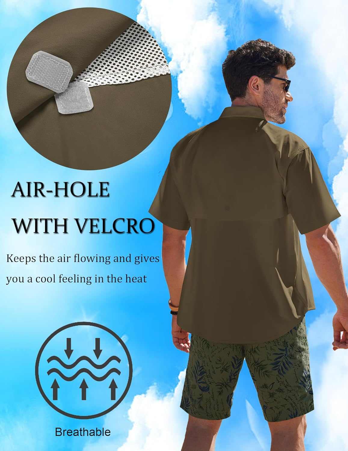 Men's UPF UV hiking fishing shirt with air-hole for breathability, Reltek Ready Gear.