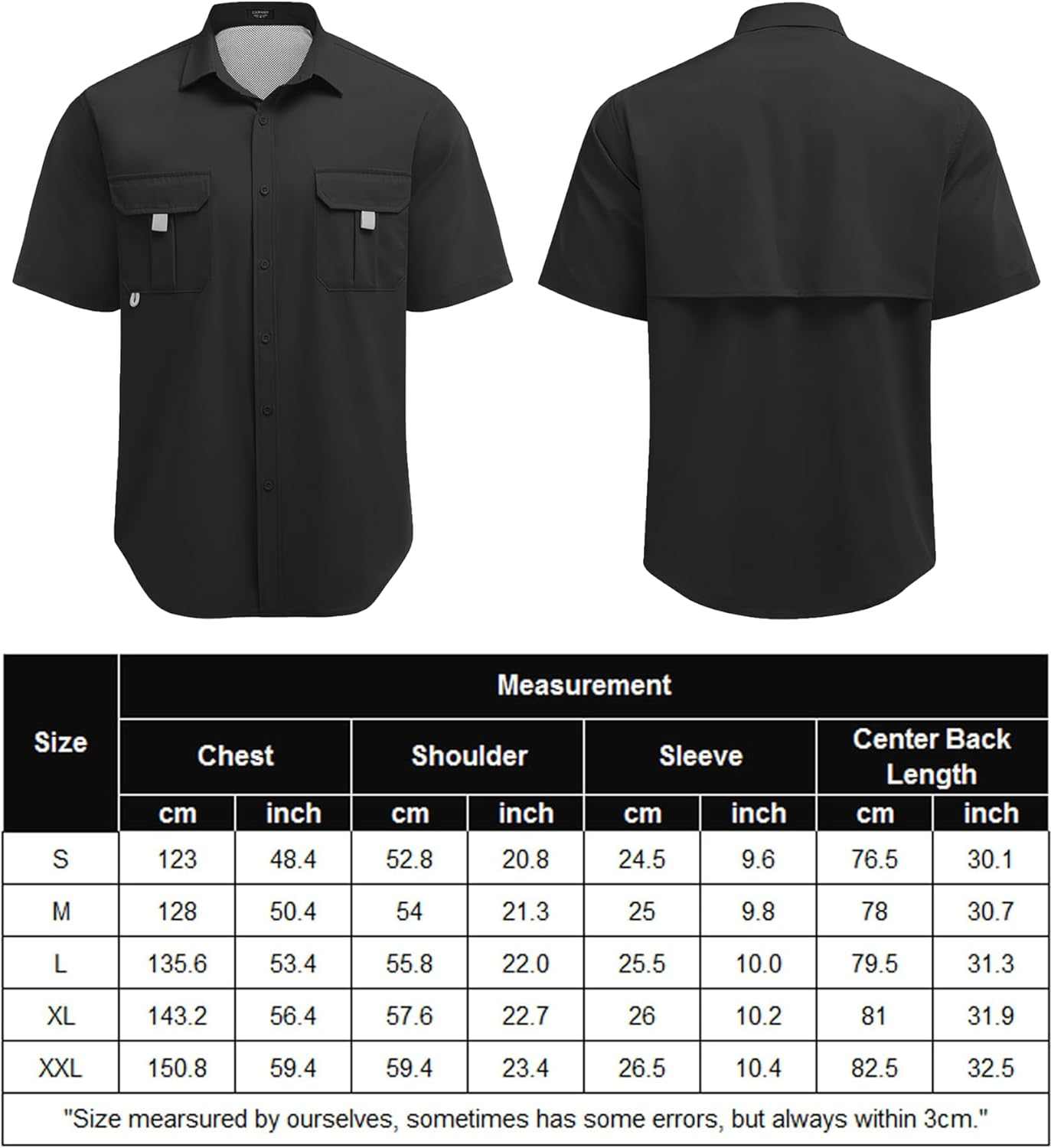 Men's UPF UV hiking fishing shirt with size chart, survival gear essentials.