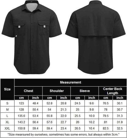 Men's UPF UV hiking fishing shirt with size chart, survival gear essentials.