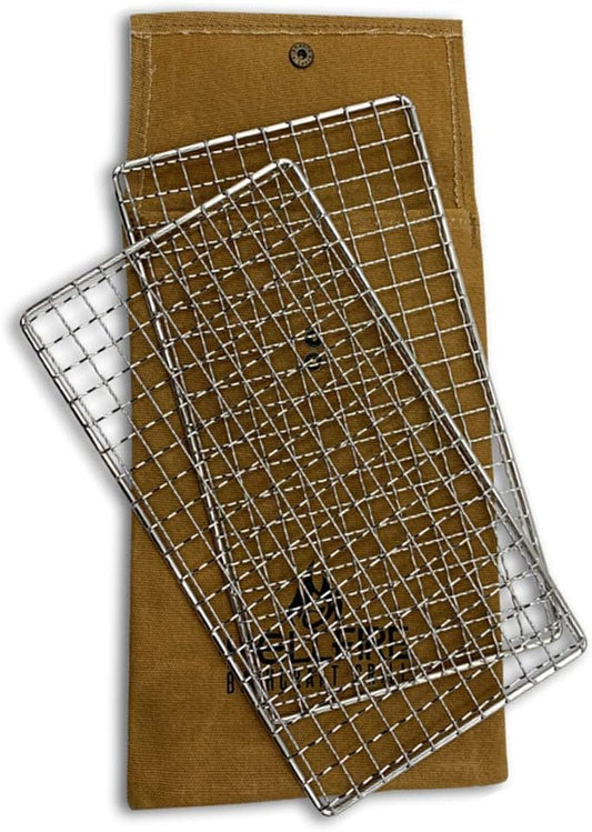 HellFire Bushcraft Grill Stainless Steel Campfire Cooking Grate (2-Pack) Portable Camping Grate for Fire Cooking BBQ - Canvas Carrying Bag - Welded Mesh Grill Grate - Backpacking, Camping, Hiking