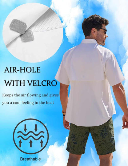 Men's outdoor fishing shirt with UPF 50+ sun protection and breathable mesh vents. Ideal survival gear for hiking and fishing.