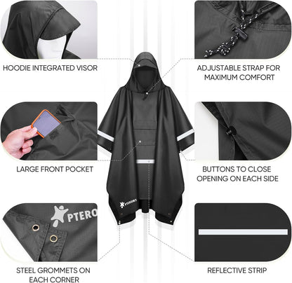 PTEROMY Hooded Rain Poncho for Adult with Pocket, Waterproof Lightweight Unisex Raincoat for Hiking Camping Emergency