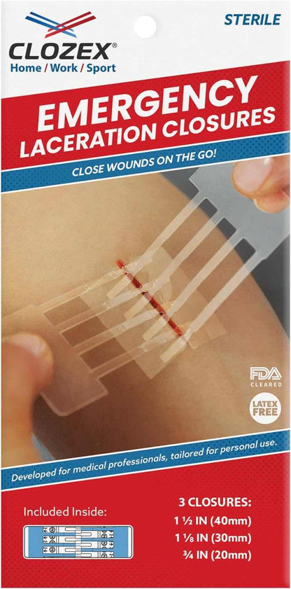 Clozex Emergency Laceration Closures for wound repair, 3-piece assortment, sterile and FDA-cleared.