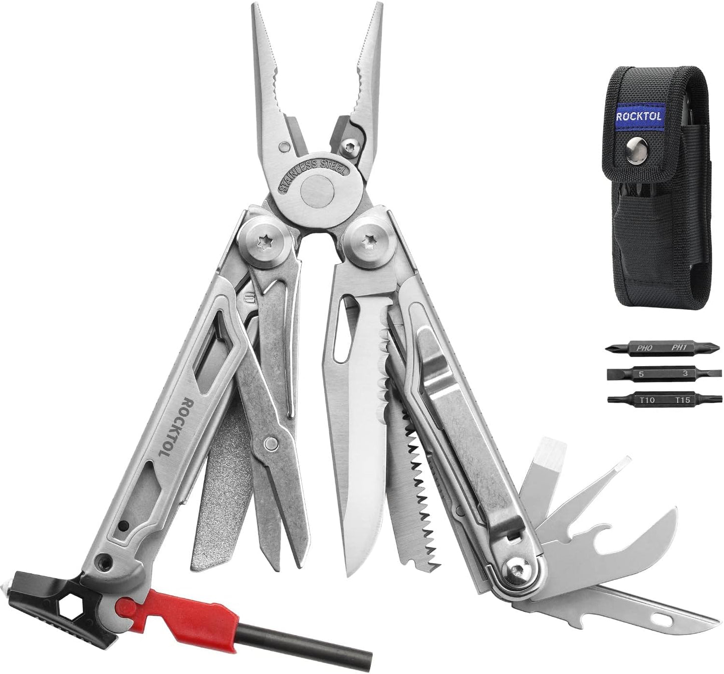 ROCKTOL Multitool, 22-in-1 Camping Multitool Pliers with Fire Starter Emergency, Whistle, Glass Breaker, Safety Locking and Nylon Sheath for Survival, Camping, Hunting, Hiking
