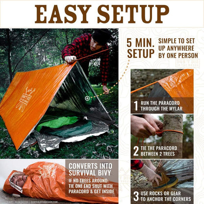 World's Toughest Ultralight Survival Tent 2-Person Mylar Emergency Shelter Tube Tent + Paracord • Year-Round All Weather Protection For Hiking, Camping, & Outdoor Survival Kits