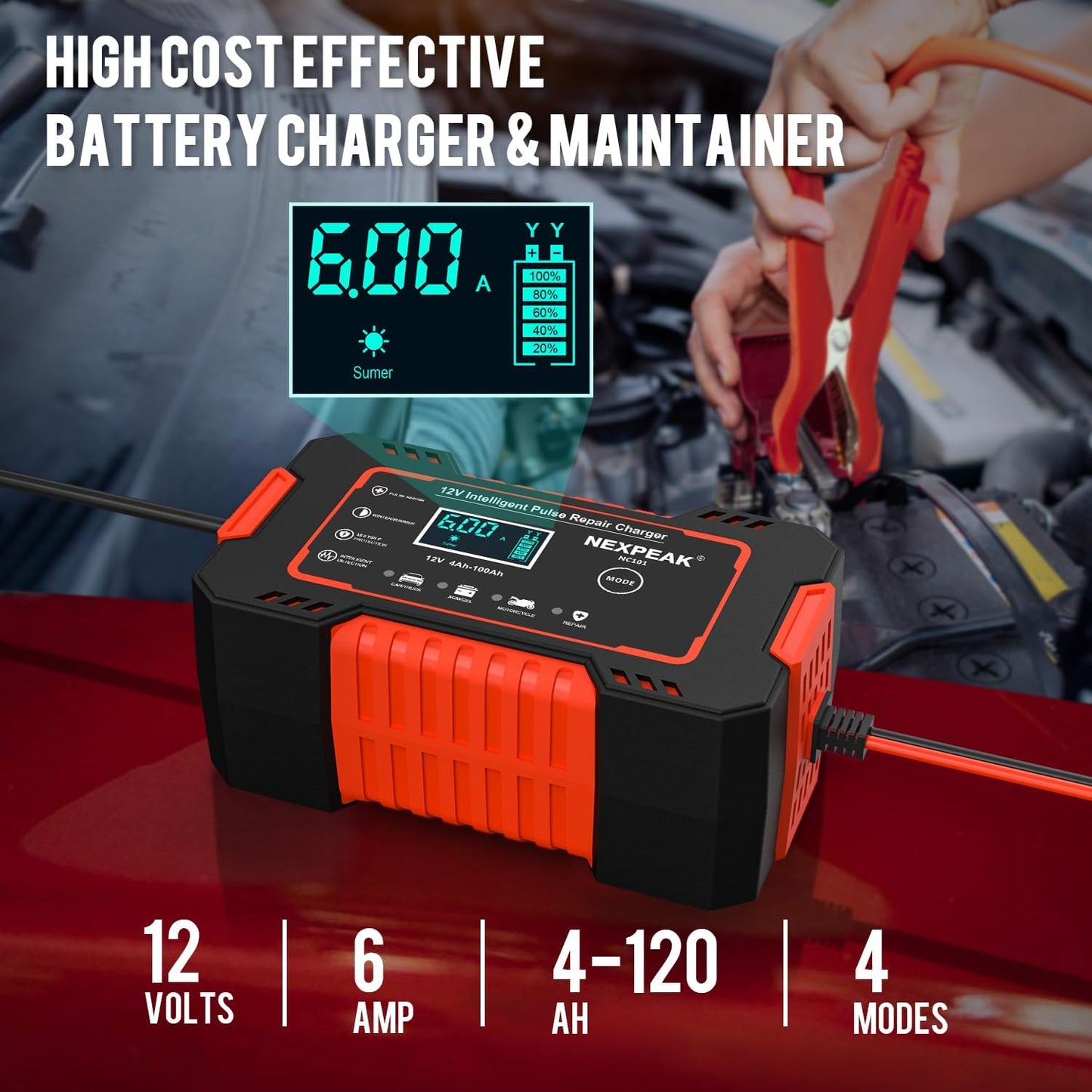 Car Battery Charger, 12V 6A Smart Battery Trickle Charger Automotive 12V Battery Maintainer Desulfator with Temperature Compensation for Car Truck Motorcycle Lawn Mower Marine Lead Acid Batteries