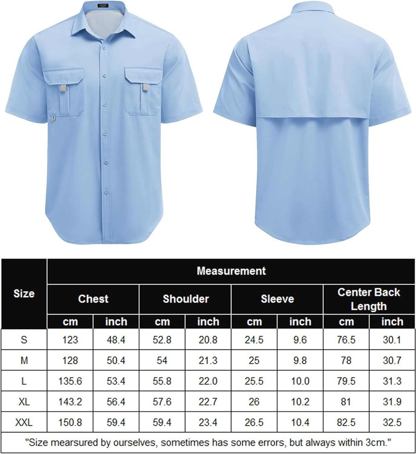 Men's UPF UV hiking fishing shirt by Reltek Ready Gear, front and back view with size chart, essential survival gear.