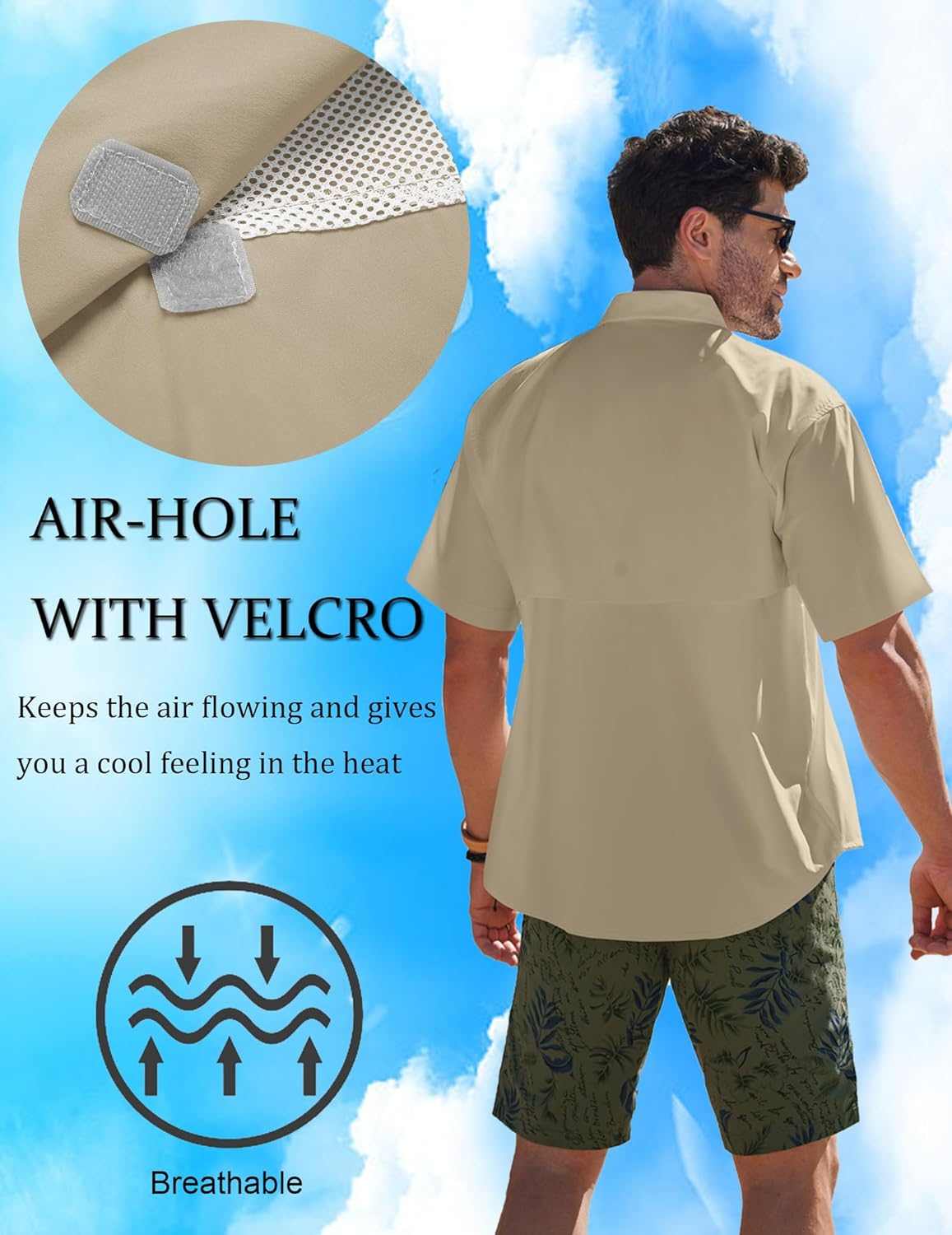 Men's UPF UV Hiking Fishing Shirt with air-hole and Velcro, breathable survival gear.