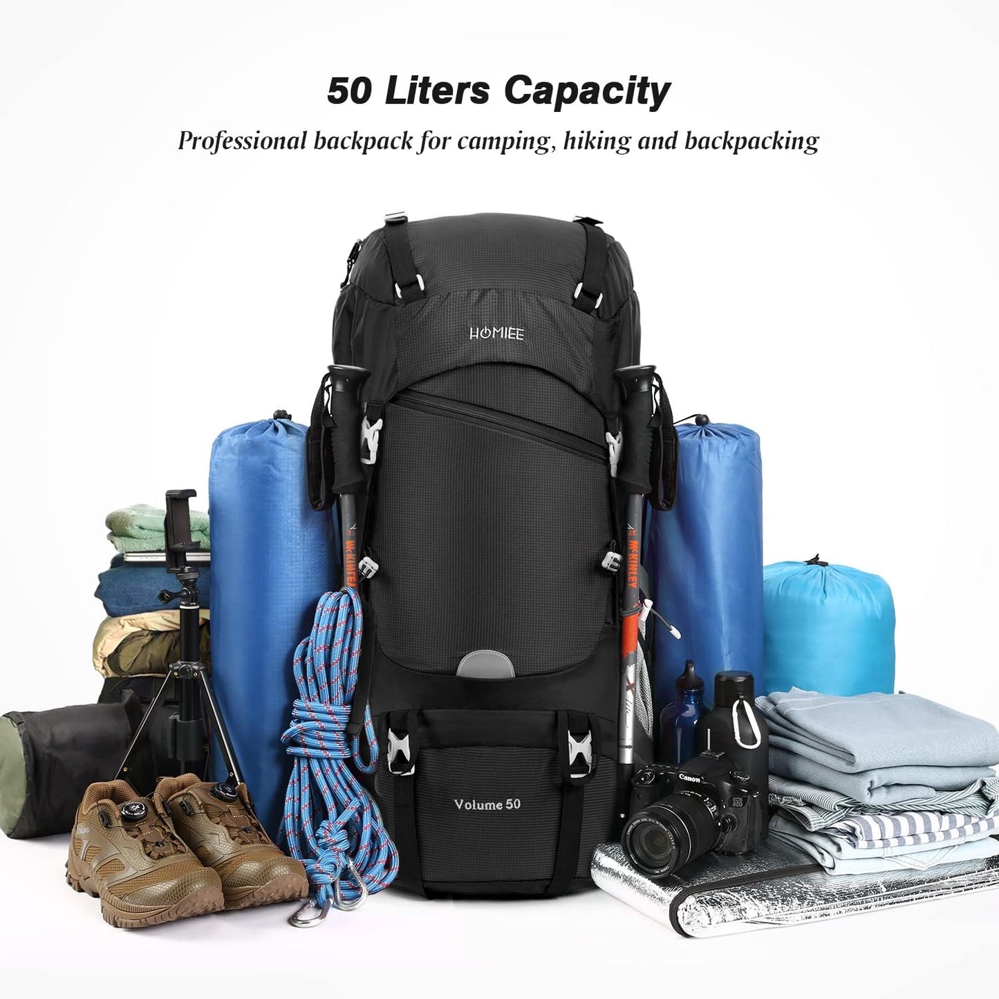 HOMIEE 50L Hiking Backpack Travel Bag Waterproof Camping Climbing Daypack Outdoor Sports Rucksack Backpacks with Rain Cover