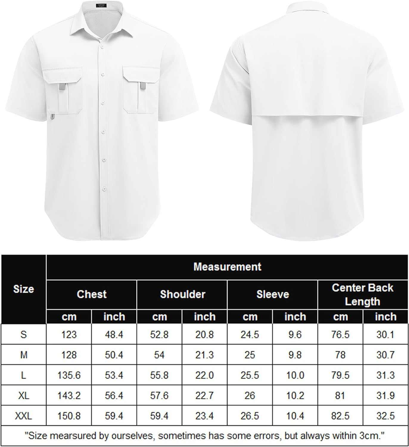 Men's UPF UV fishing shirt in white with size chart.