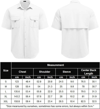 Men's UPF UV fishing shirt in white with size chart.