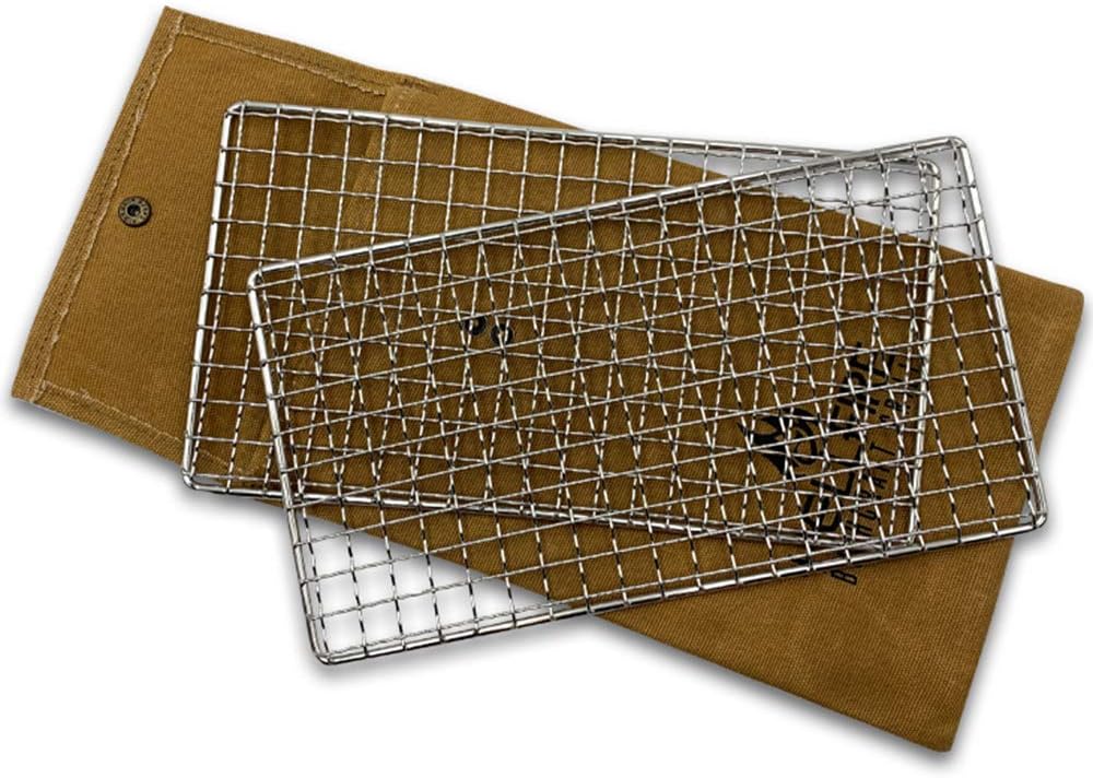 HellFire Bushcraft Grill Stainless Steel Campfire Cooking Grate (2-Pack) Portable Camping Grate for Fire Cooking BBQ - Canvas Carrying Bag - Welded Mesh Grill Grate - Backpacking, Camping, Hiking