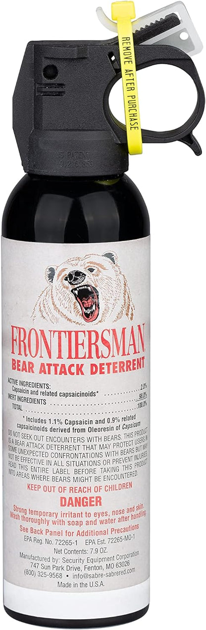 SABRE Frontiersman 7.9 oz. Bear Spray, Maximum Strength 2.0% Major Capsaicinoids, Powerful 30 ft. Range Bear Deterrent, Outdoor Camping & Hiking Protection, Quick Draw Holster & Multipack Options