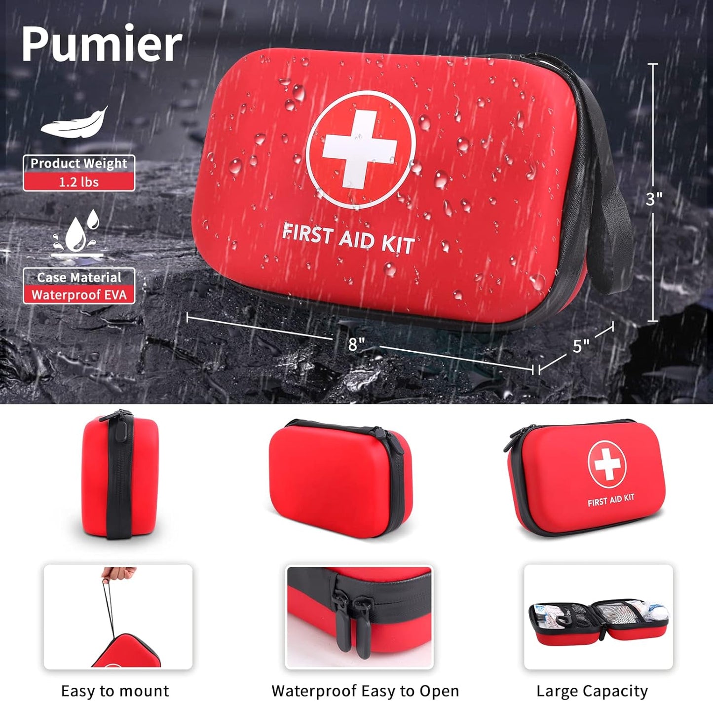 Home Car First Aid Kit Camping Essentials 263pcs Waterproof Zippers is Ideal for Travel, Office, Boat, Sports, Businesses, Hiking, Emergency Survival