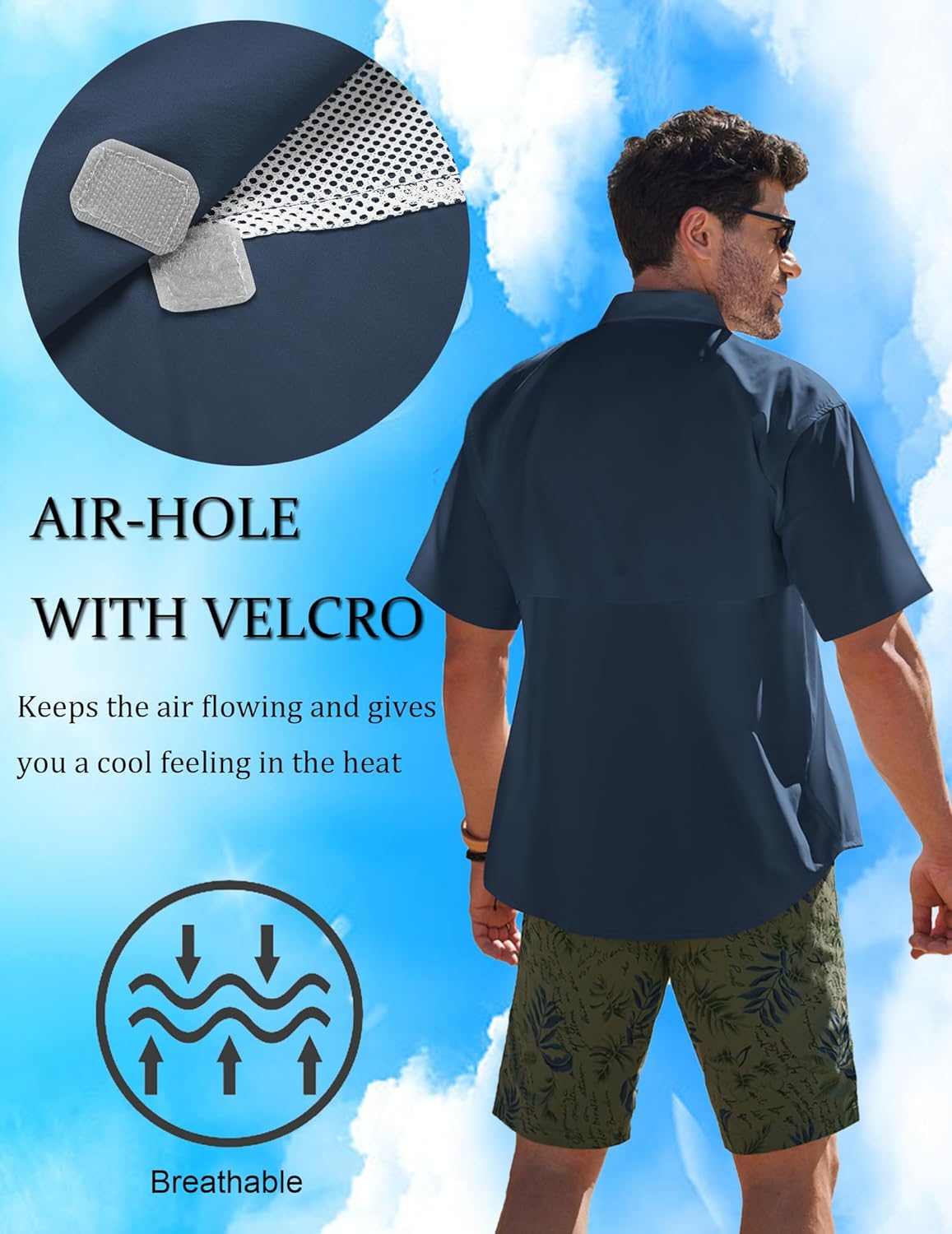 Men's UPF UV hiking fishing shirt with breathable vent design, ideal for survival gear and outdoor activities.