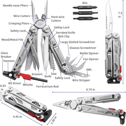ROCKTOL Multitool, 22-in-1 Camping Multitool Pliers with Fire Starter Emergency, Whistle, Glass Breaker, Safety Locking and Nylon Sheath for Survival, Camping, Hunting, Hiking