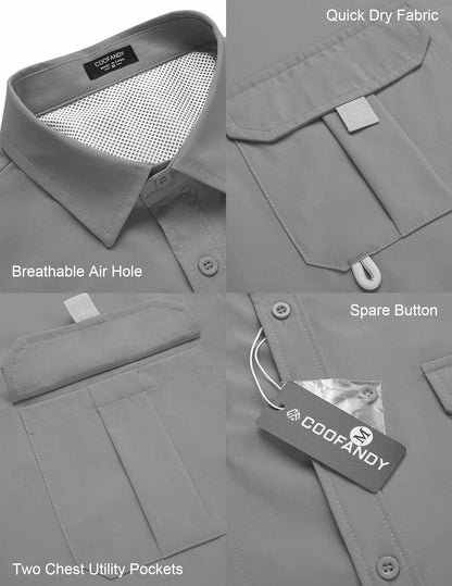 Men's hiking fishing shirt details, featuring quick-dry fabric, breathable air holes, spare button, and two chest utility pockets. Ideal for survival gear.