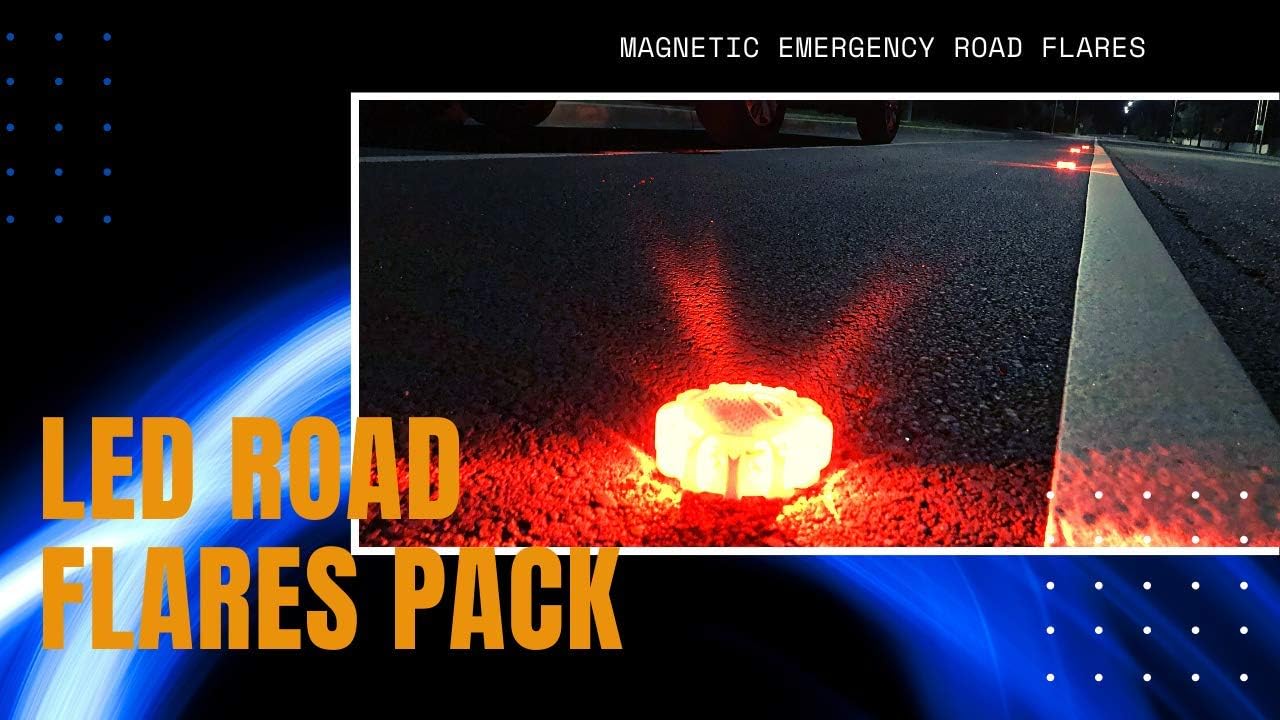 Magnetic Emergency LED Road Flares Warning Kit | Car Roadside Safety Lights | Up to 1.5 Mile Flashing View | 4 Red Light Beacon Disk & 1 Working Flashlight | For Vehicle, Boat, Truck, Flood & More