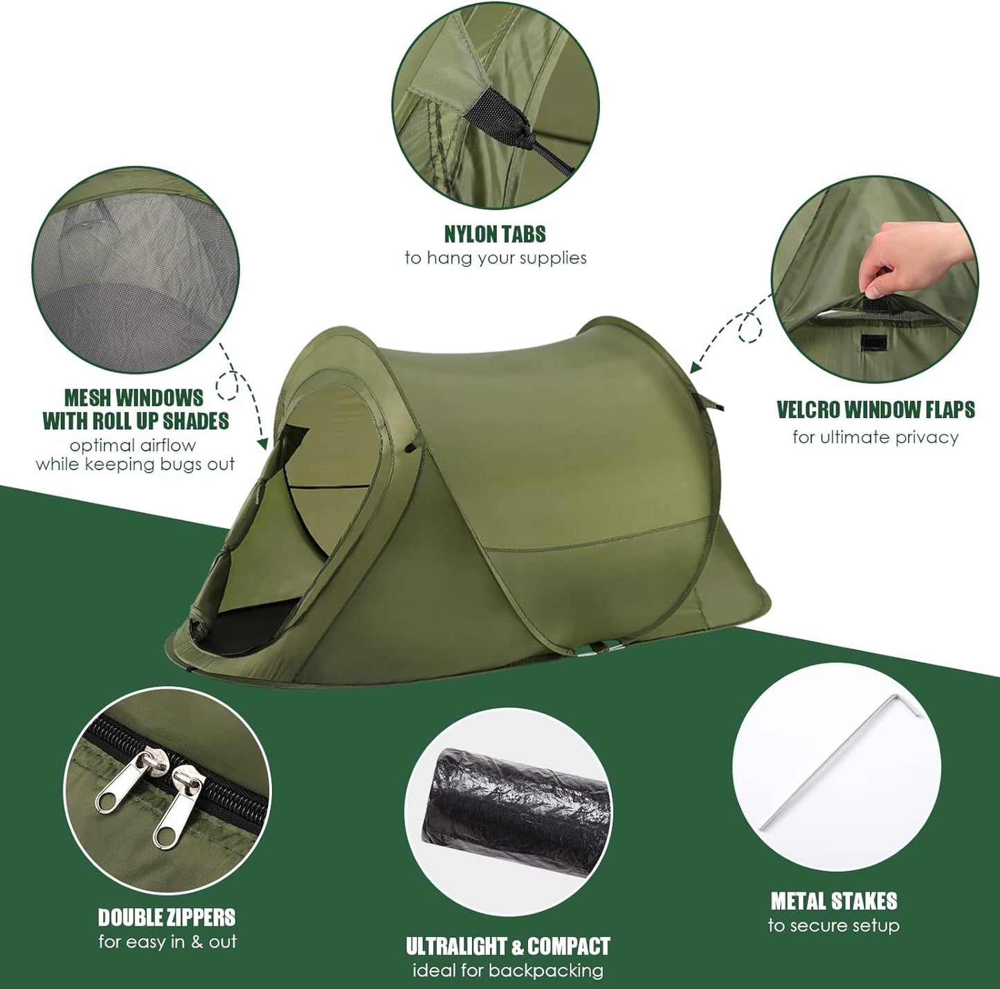 Automatic Instant Portable Tent, Pop Up Camping Tent, Suitable for 1-2 Person, 2 Doors and Side Windows with Carry Bag, Instant Pop up Beach Tent