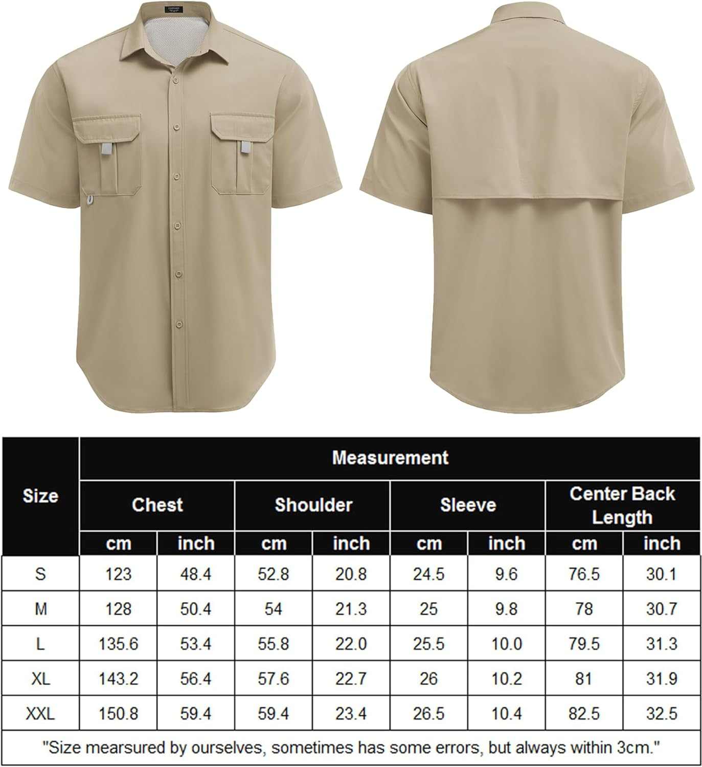 Men's UPF UV hiking and fishing shirt by Reltek Ready Gear, featuring size chart and lightweight, breathable design, ideal for survival gear.