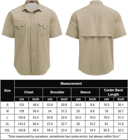 Men's UPF UV hiking and fishing shirt by Reltek Ready Gear, featuring size chart and lightweight, breathable design, ideal for survival gear.