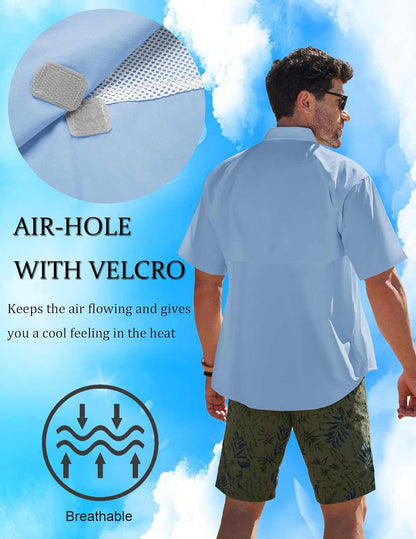 Men's UPF UV hiking fishing shirt with breathable mesh vents, highlighted back view.