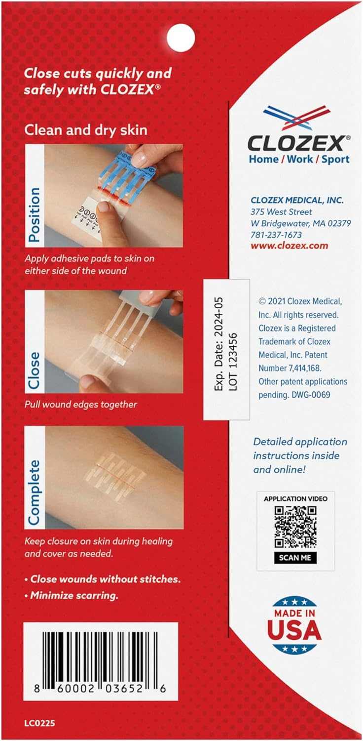 Clozex Emergency Laceration Closures packaging showing instructions for quick and safe wound repair with non-invasive adhesive strips.