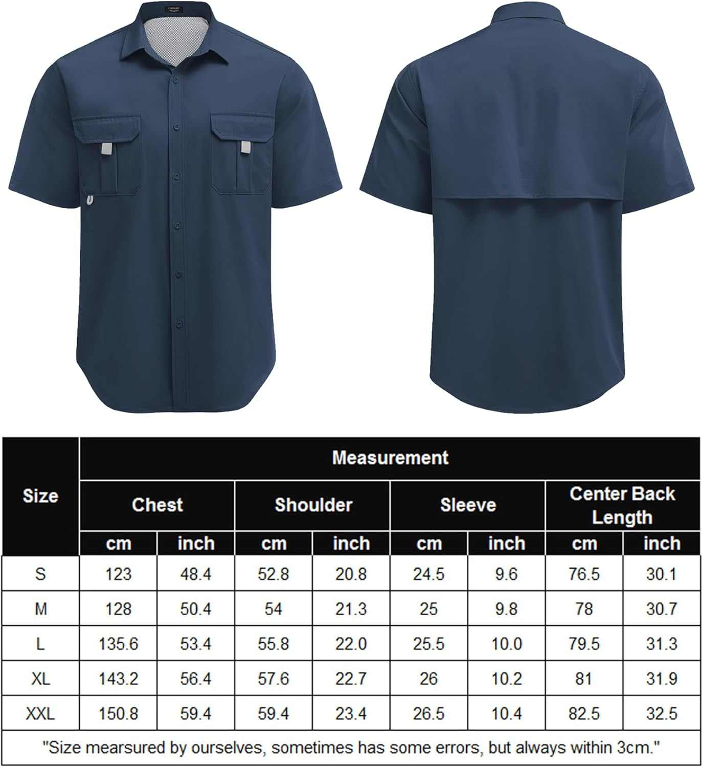 Men's UPF UV hiking fishing shirt by Reltek Ready Gear, navy, size chart displayed, designed for survival gear enthusiasts.