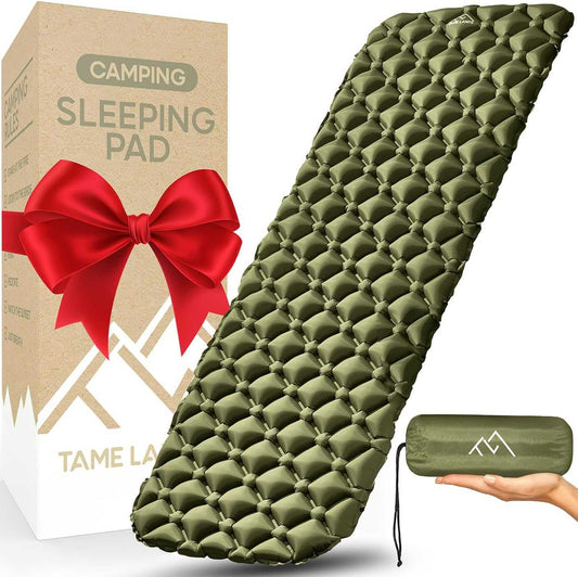 Tame Lands Sleeping Pad for Camping Ultralight Backpacking - green color, lightweight, compact with storage bag.