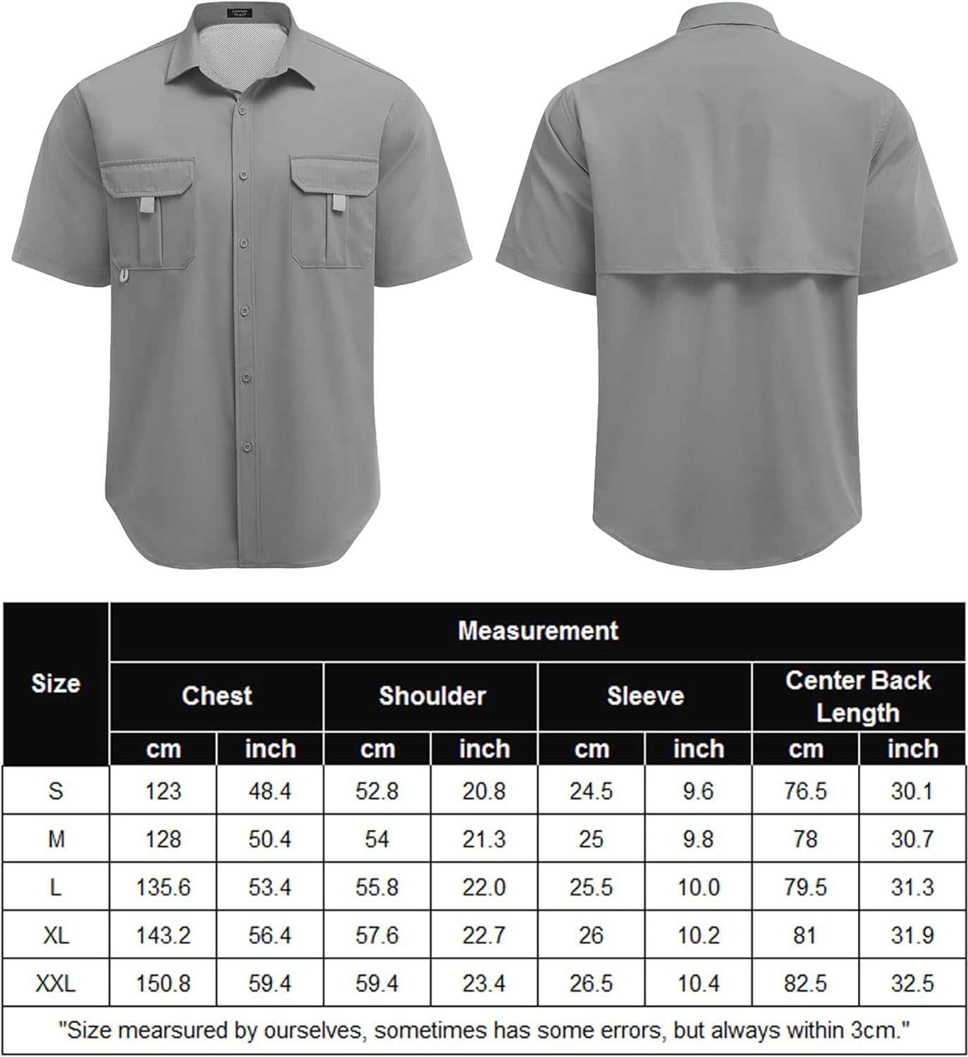 Men's UPF UV hiking and fishing shirt with size chart, survival gear.