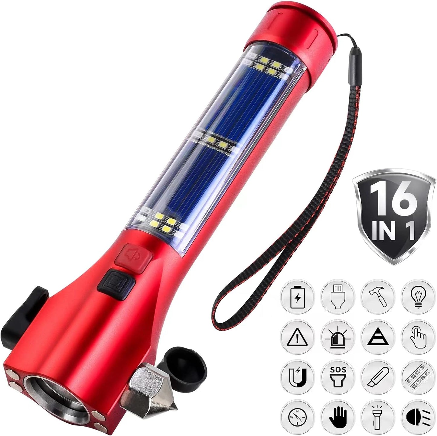 Unicumoo Solar Powered Car Safety Hammer Flashlight with Seatbelt Cutter, LED High Lumens, Red and Blue SOS Flashing, USB Charging, Magnetic Attraction, Portable Design