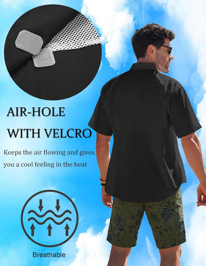 Men's UPF UV hiking fishing shirt with air-hole velcro, breathable fabric, survival gear.