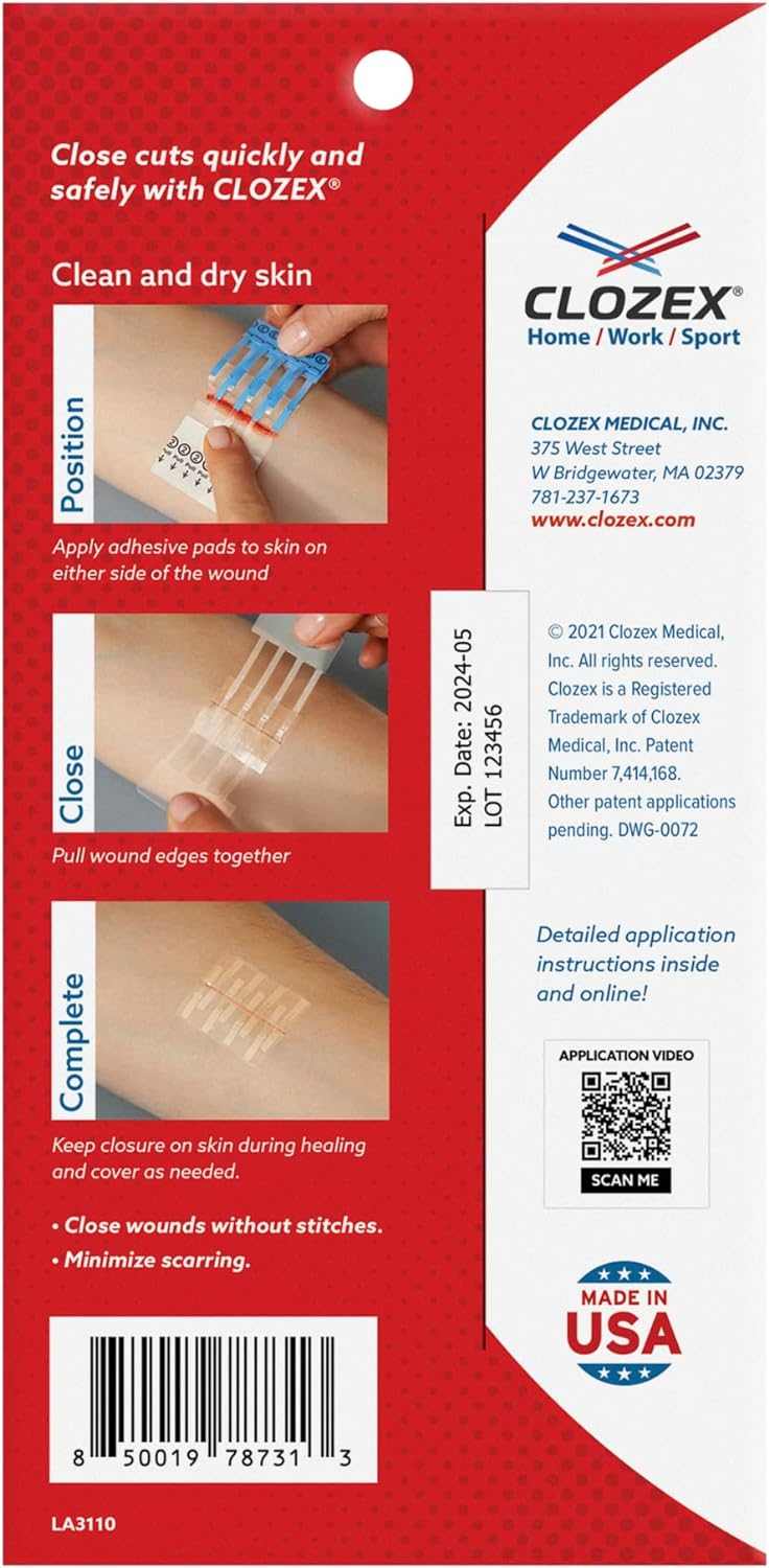 Clozex Emergency Laceration Closures packaging showing application instructions.