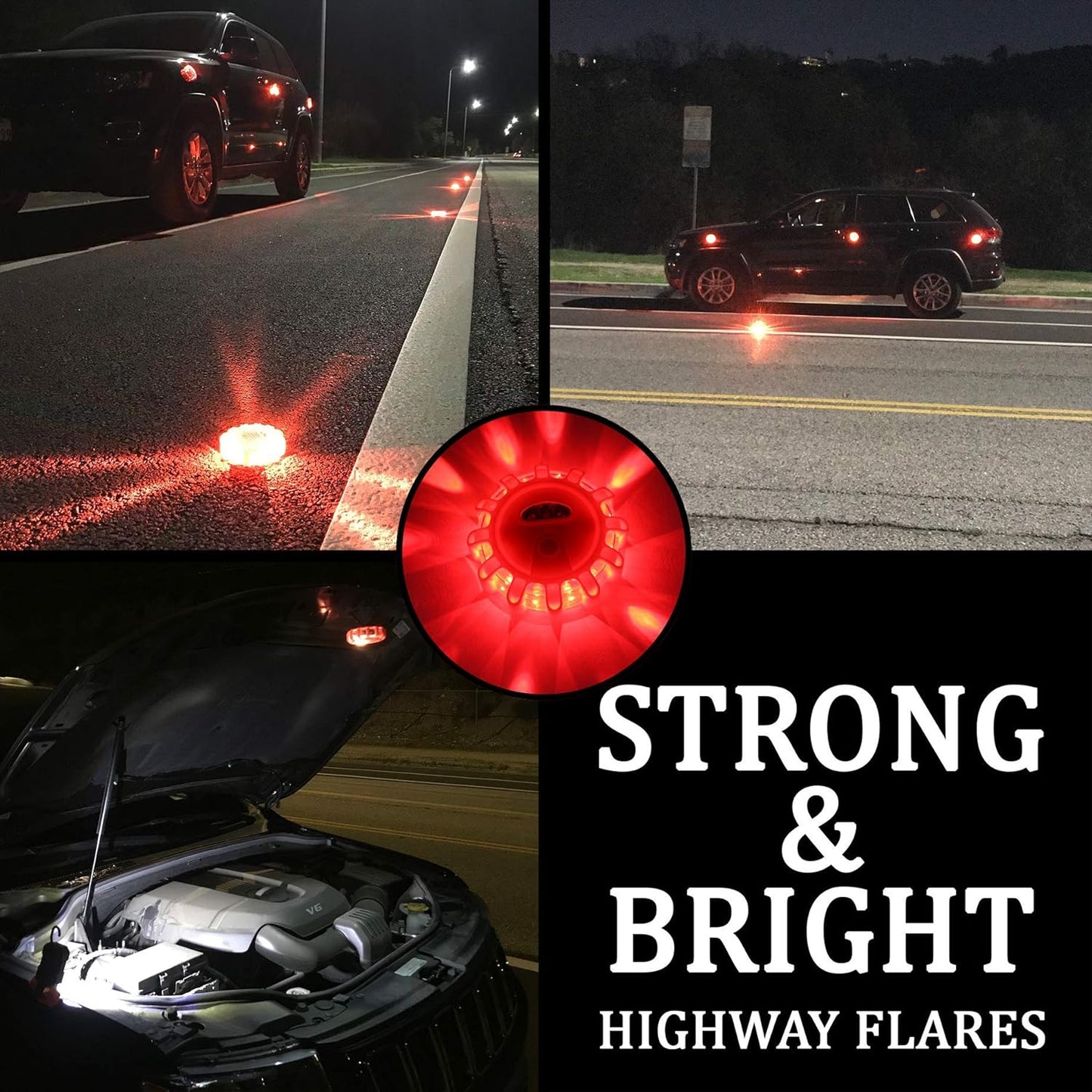 Magnetic Emergency LED Road Flares Warning Kit | Car Roadside Safety Lights | Up to 1.5 Mile Flashing View | 4 Red Light Beacon Disk & 1 Working Flashlight | For Vehicle, Boat, Truck, Flood & More