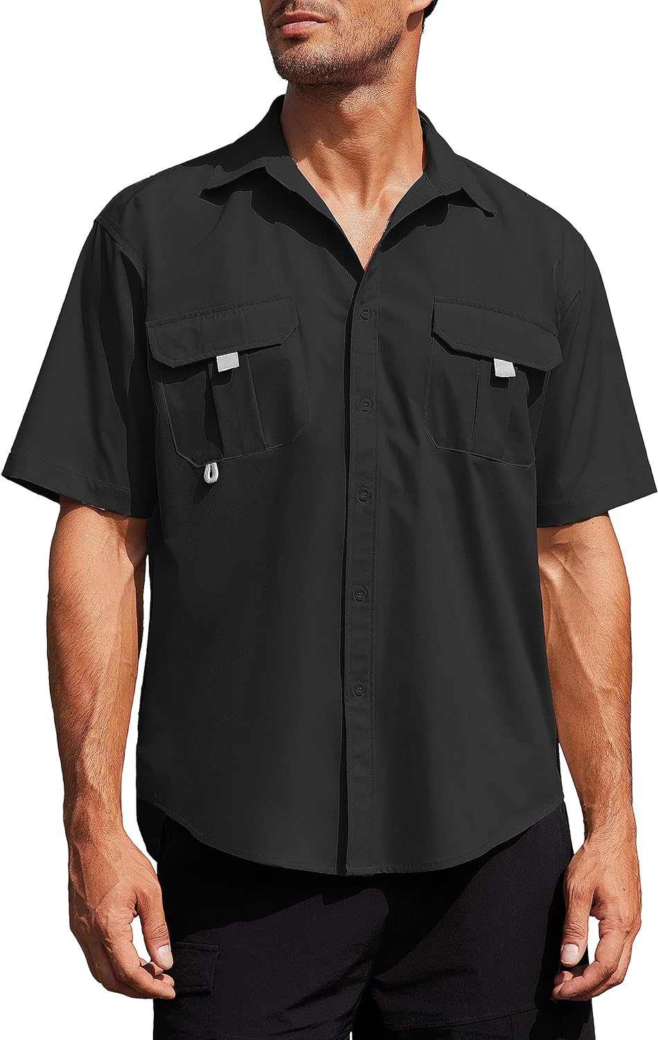 Men's UPF UV hiking fishing shirt with short sleeves, black color, ideal for outdoor survival gear.