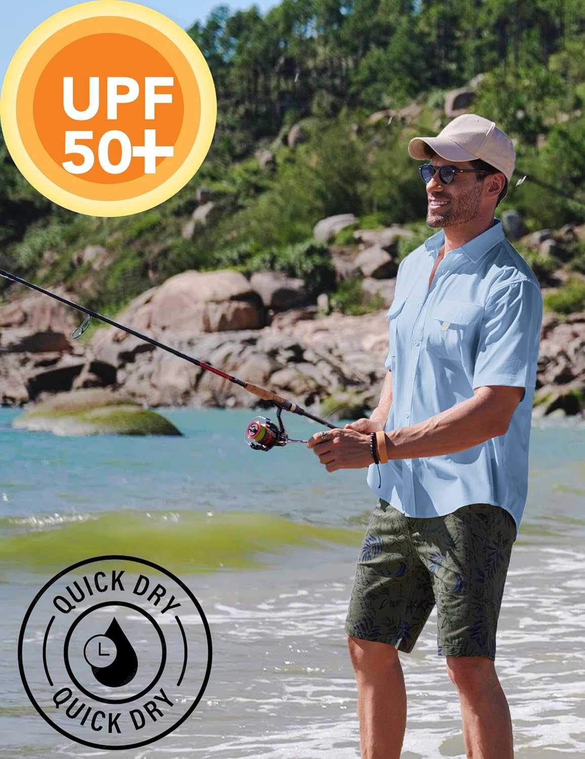 Men's UPF 50+ quick-dry hiking fishing shirt, survival gear for outdoor enthusiasts.