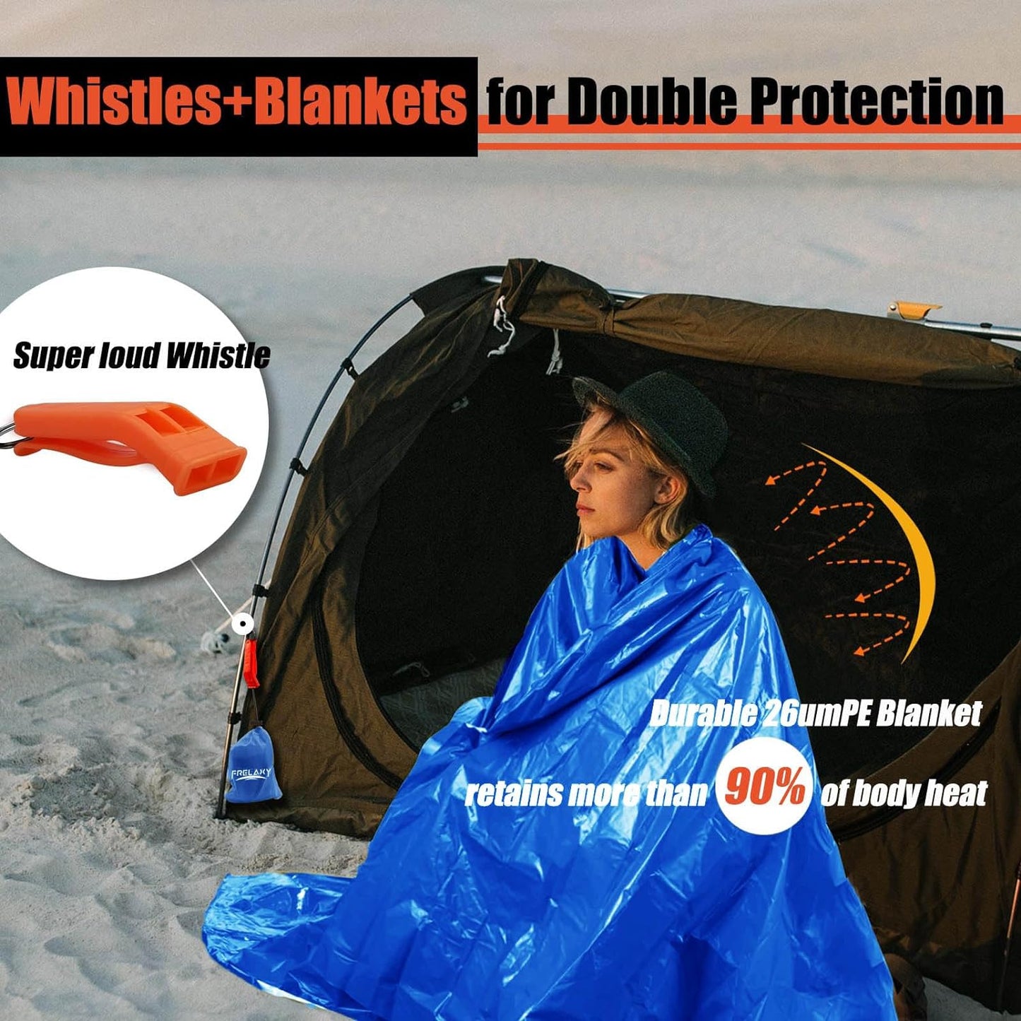 Frelaxy Emergency Blanket 2-Pack/4-Pack, Extra-Thick Extra-Large Space Blankets with Whistles, Storage Pouchs, and EVA case